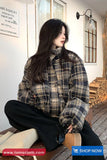 Loose Stand Collar Retro Plaid Pattern Parkas Coat Jacket