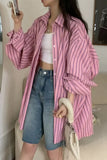 Long Sleeve Pink Striped Casual Blouse Shirt