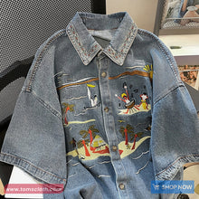 Short Sleeve Beach Pattern Denim Blouse Shirt