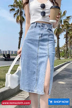 High Waist Cut Side Slit Denim Skirts