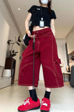High Waist Loose Burgundy Colors Denim Shorts