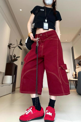 High Waist Loose Burgundy Colors Denim Shorts