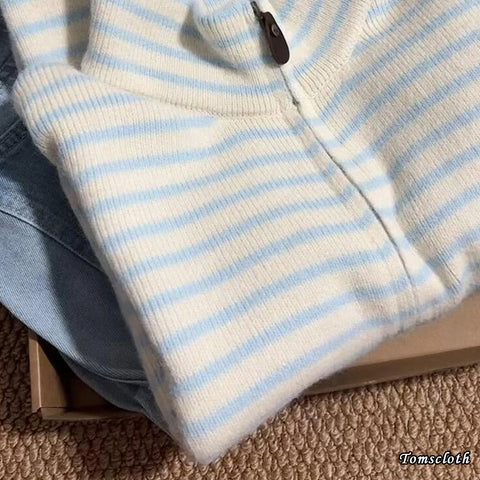 Long Sleeve Blue Striped O-Neck Zipper Cardigan Sweater