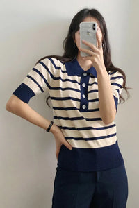 Short Sleeve Turn Down Collar Knitted Striped Shirt