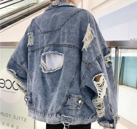 Long Sleeve Hole Ripped Distressed Denim Jacket