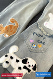 Denim Pants with animal patches and 'Puppy Cat' text, brand 'Toms Cloth' visible.