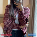 Long Sleeve Retro Plaid Color Cropped Blouse Shirts