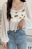 Long Sleeve Flower Embroidered Crochet Blouse
