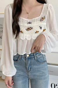 Long Sleeve Flower Embroidered Crochet Blouse