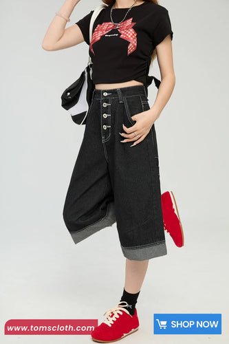 High Waist Calf Length Retro Black Jeans Pants