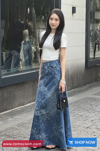 Vintage Floral Pattern Long Denim Skirts