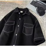 Short Sleeve Retro Stitching Line Men Shirt