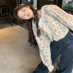Loose Floral Pattern Vintage Ruffles Blouse Shirt