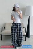 Loose Wide Leg Retro Blue Plaid Pattern Pants