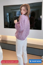 Long Sleeve Polka Dots Pattern Purple Chiffon Blouse Shirt