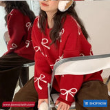 Long Sleeve Cute Bow Pattern O-Neck Sweater