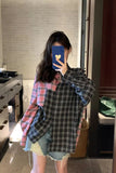 Black and Pink Colors Combination Plaid Blouse Shirt