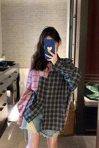 Black and Pink Colors Combination Plaid Blouse Shirt