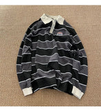 Long Sleeve Turn Down Collar Casual Striped Sweatshirt