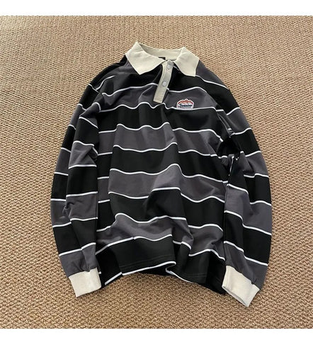 Long Sleeve Turn Down Collar Casual Striped Sweatshirt