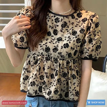Short Sleeve Flowers Pattern O-Neck Ruffle Shirt