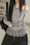 Long Sleeve Off Shoulder Lace Trim Knitted Shirt