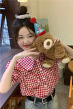 Person wearing a red and white checkered shirt holding a teddy bear with a party hat.