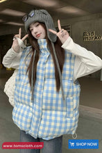 Loose Stand Collar Sleeveless Blue Plaid Vest Parkas Jacket