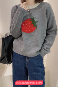 Long Sleeve Strawberry Printed Cute O-Neck Sweater