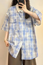 Short Sleeve Turn Down Collar Tie Dye Plaid Blouse Shirt