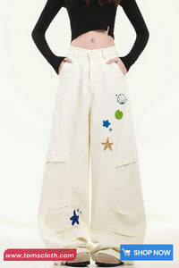 Loose Sea Themes Pattern Embroidered Casual Pants