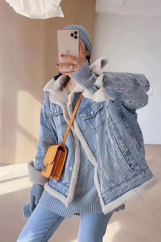 Two Sided Fur Collar Style Denim Jacket