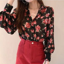 Long Sleeve Flowers Pattern Chiffon Blouse Shirts