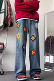 Hip Hop Vintage Flower Embroidered Men Jeans Pants