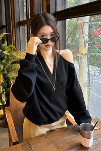 Long Sleeve Sexy Off Shoulder Halter Neck Sweatshirt