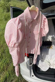 Puff Long Sleeves Striped Pink Blouse Shirts
