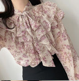 Long Sleeve Cute Bow Ruffled Blouse Shirt