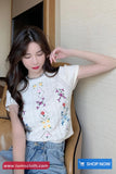 O-Neck Flower Embroidered Knitted Cropped Slim Shirt