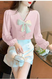 Long Sleeve V-Neck Bow Design Blouse Shirt