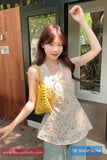 Sweet Floral Pattern Elegant Halter Crop Tops