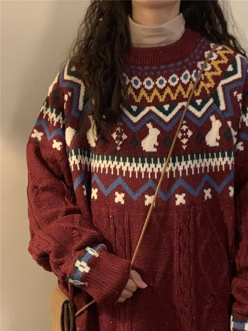 Cute Rabbit Pattern Knitted Retro Sweater