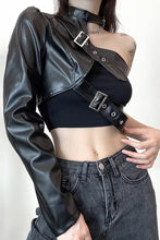 Long Sleeve One Shoulder Leather Belt Crop Tops