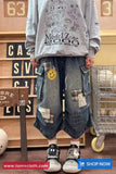 Loose Smile Emoji Patch Calf Length Cargo Denim Pants