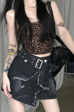 Belted Stars Pattern Embroidered Black Denim Skirts