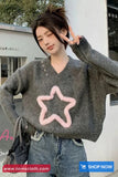 Long Sleeve 3D Star Pattern V-Neck Cropped Sweater