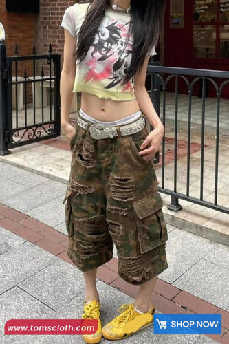 High Waist Camouflage Pattern Cargo Ripped Pants