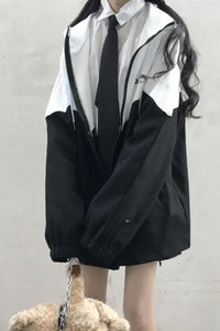 Black White Colors Combination Zipper Hooded Jacket