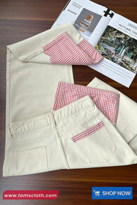 High Waist Bow Pink Plaid Patchwork Beige Jeans Pants
