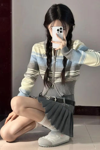 Long Sleeve Zipper Collar Striped Sweater