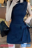 Sleeveless Bow Bandage Denim Dress